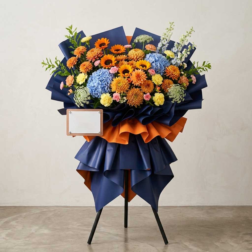 Orange and Blue Grand Opening Flower Stand