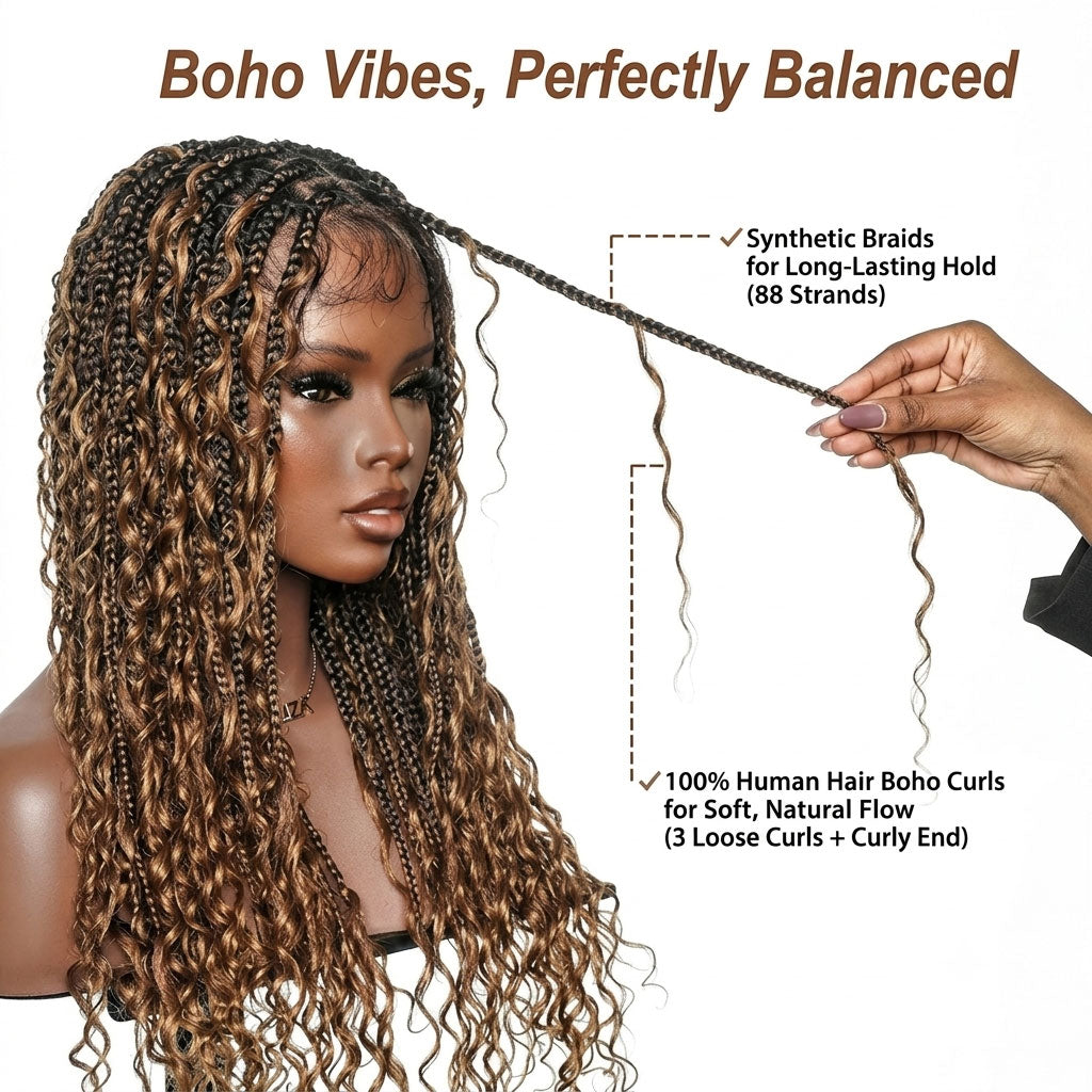 24" Hand-Tied Full Lace Boho Braided Wig (Ombre Brown)