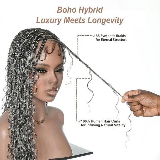 24" Hand-Tied Full Lace Boho Braided Wig ( Salt and pepper)